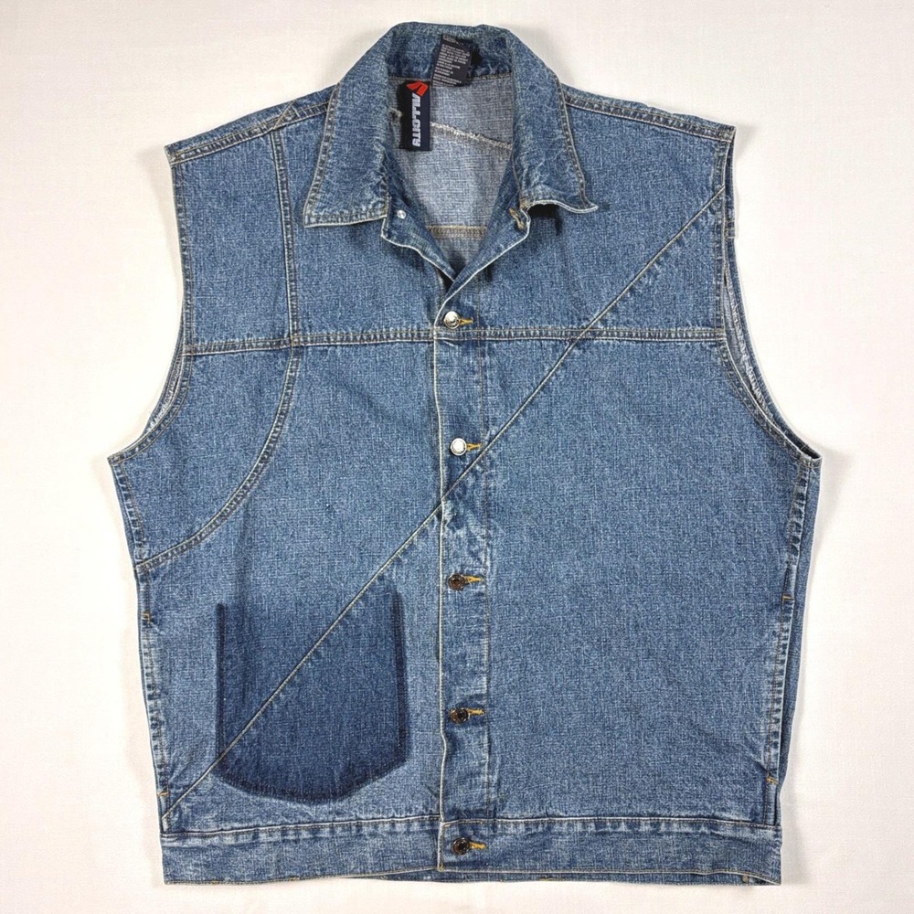 Vintage Denim Vest AllCity XL Blue Asymmetrical Patch Pocket‎ Button Trucker 90s